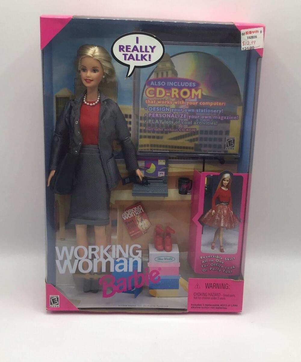 1999 Working Woman Barbie Doll Talking Laptop Flip Phone Reversible Skirt 20548